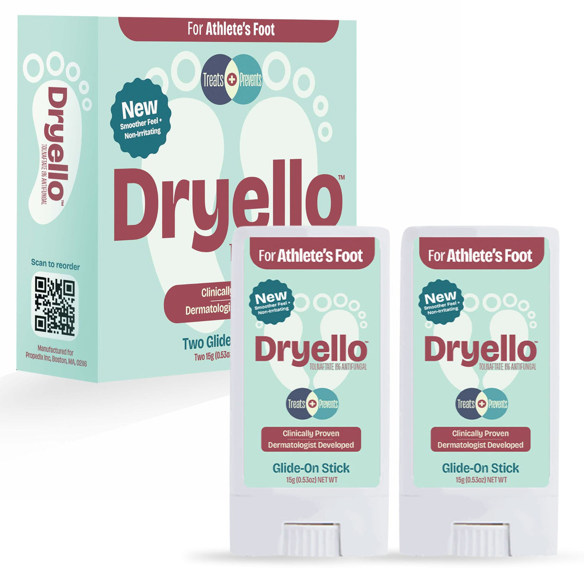 Dryello Athlete's Foot Treatment Stick, fragrance-free 2-stick pack with box
