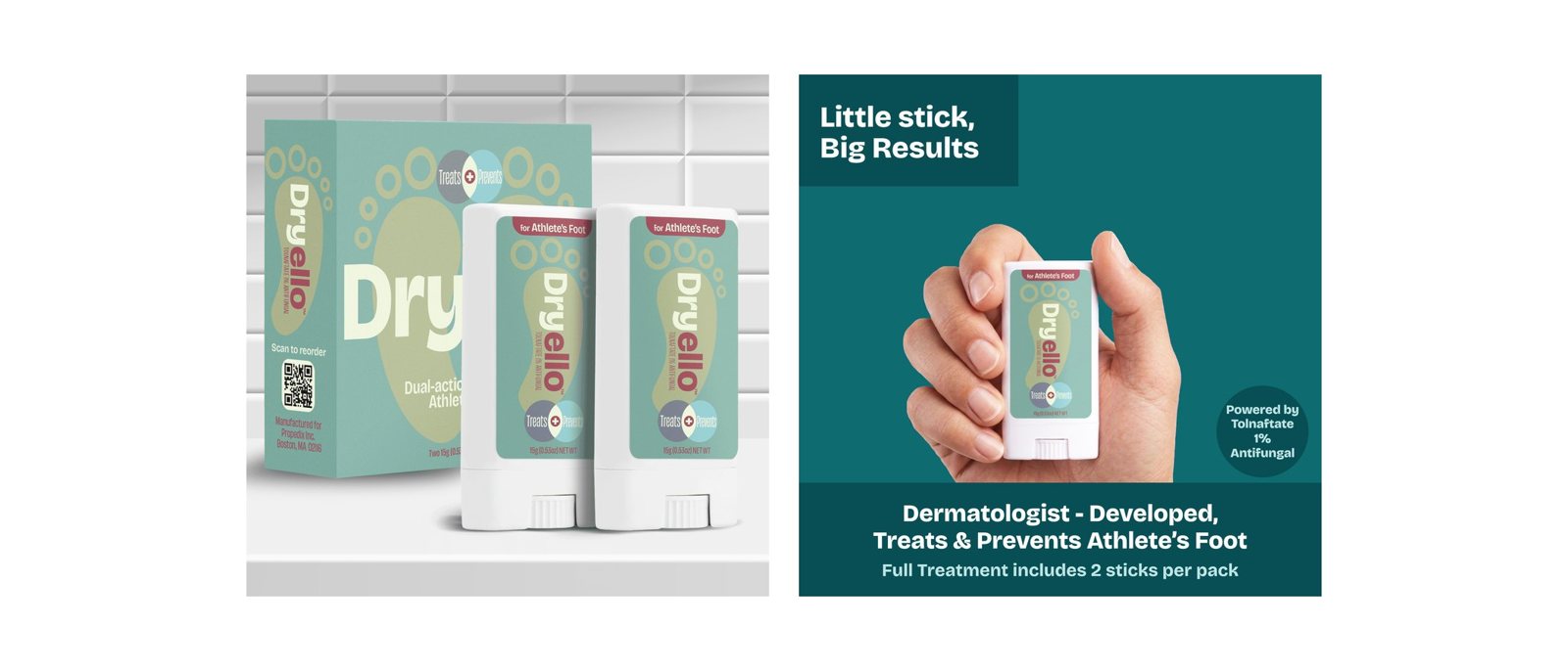 Dryello Athlete's Foot Treatment Stick two-pack next to the stick held in a hand
